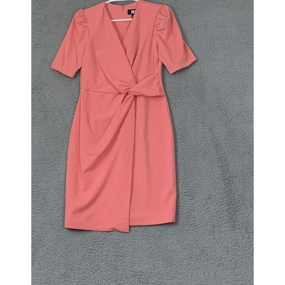 DKNY Women's Side Knot Short Length V-Neck Dress, Sunkist Coral, 4 Back Zip